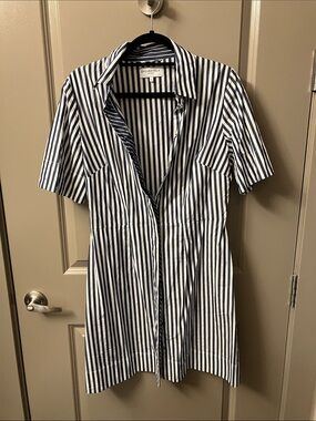 Evi Grintela Navy & White Vertical-Stripe Button-Down Shirt Dress